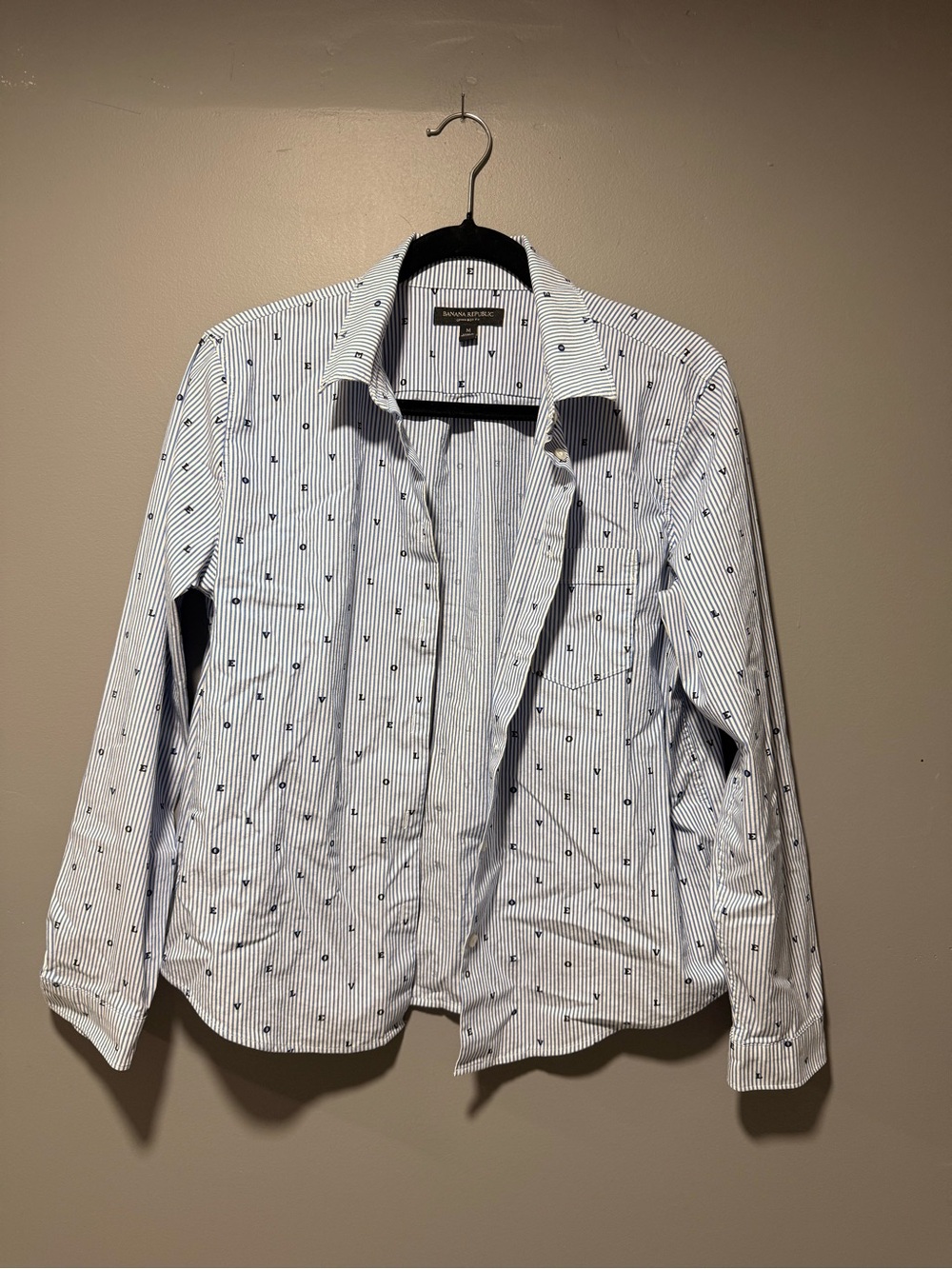 Banana Republic White Stripe Button-Down Shirt with Navy Dot Accents